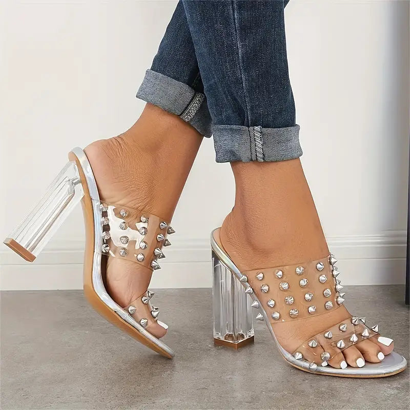 🔥 Promotion du dernier jour - 50 % de réduction - Sandales à talons hauts épais et transparents pour femmes, cloutées et à double bride