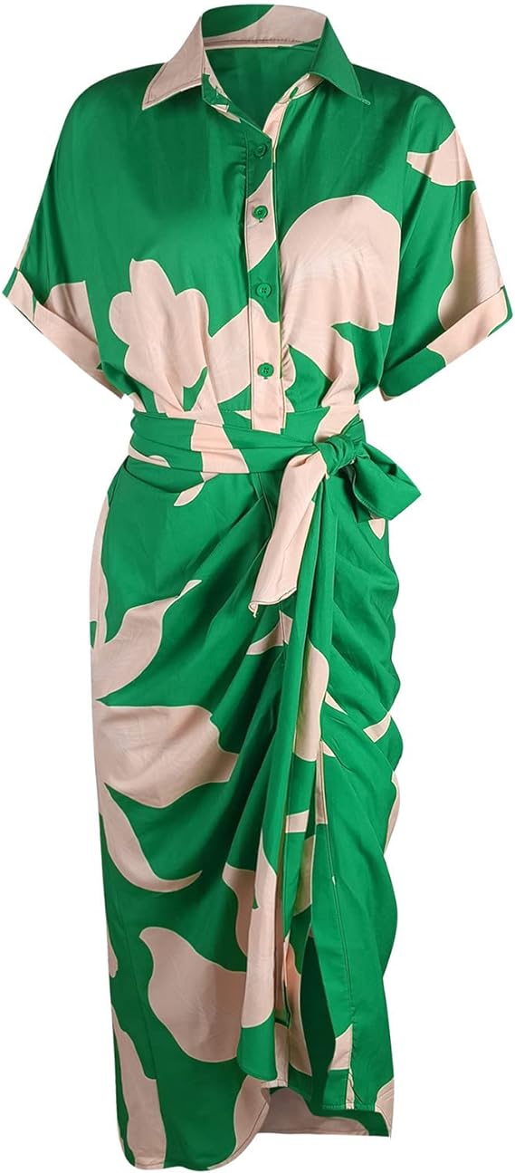 🔥Robe chemise décontractée à col à revers et taille imprimée🔥
