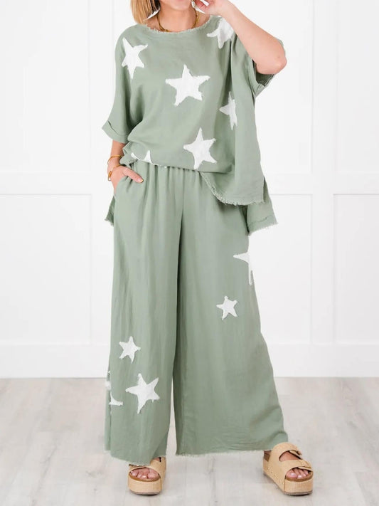 Lässiges zweiteiliges Set mit Stern-Patch für Damen (2 Stück kaufen, kostenloser Versand)