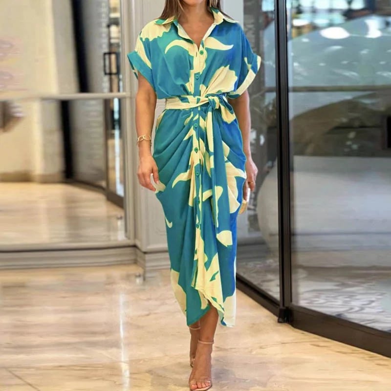 🔥Robe chemise décontractée à col à revers et taille imprimée🔥