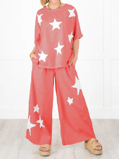 Lässiges zweiteiliges Set mit Stern-Patch für Damen (2 Stück kaufen, kostenloser Versand)