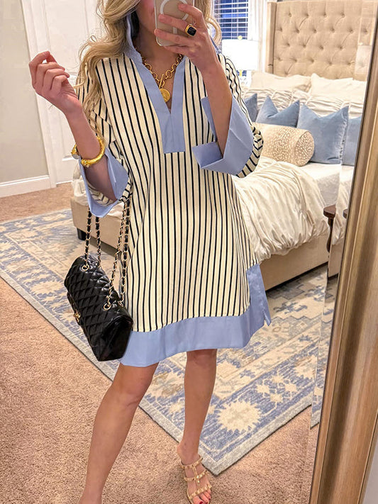 Robe chemise rayée à col en V pour femme 