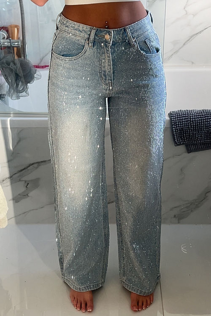 Pantalon décontracté en denim avec strass pour femme 