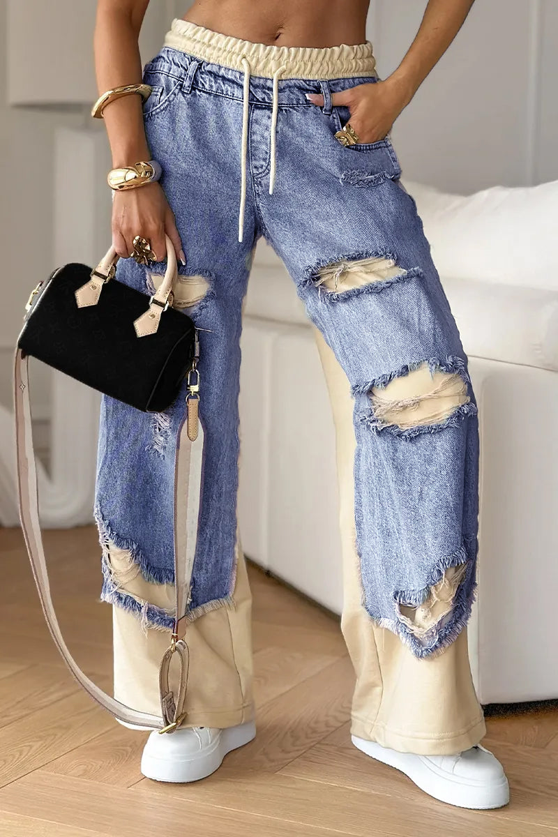 Damen-Jeanshose mit Nähten und Rissen 
