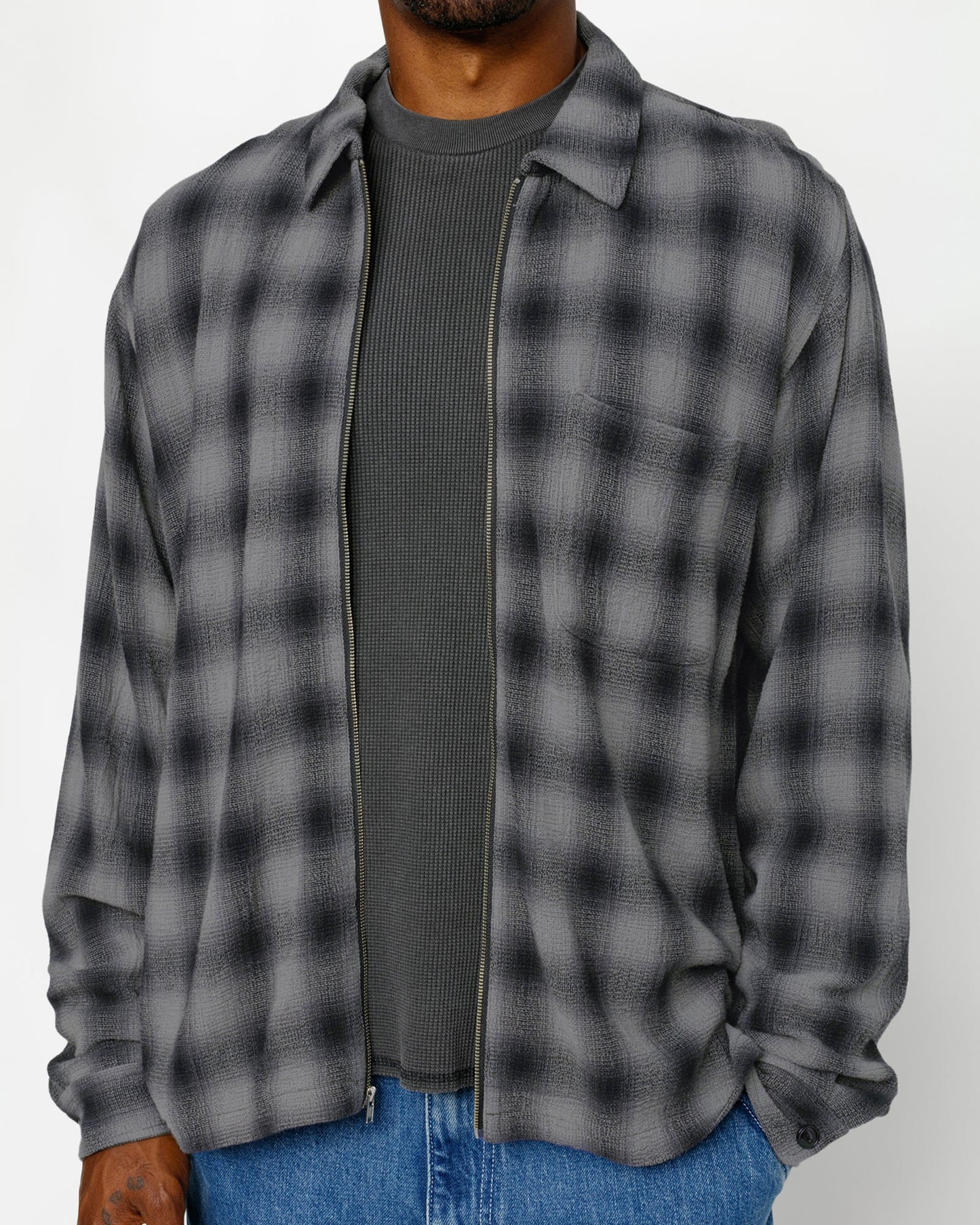 CHEMISE ZIPPÉE À CARREAUX EN FILS TORSADÉS 