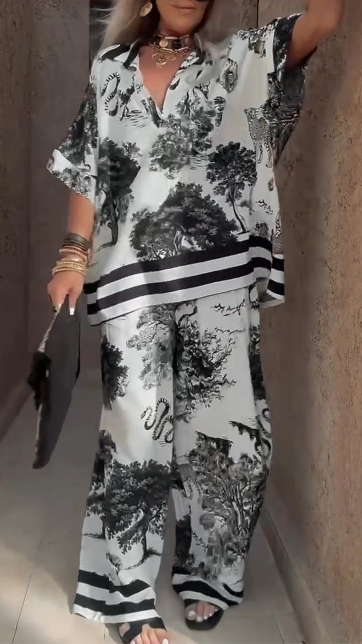 Ensemble décontracté pour femme avec haut à col en V et pantalon imprimé 