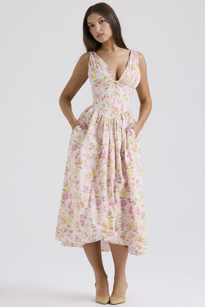 Stilvolles Swing-Kleid mit Blumenmuster und V-Ausschnitt🌺Kaufen Sie 2, kostenloser Versand