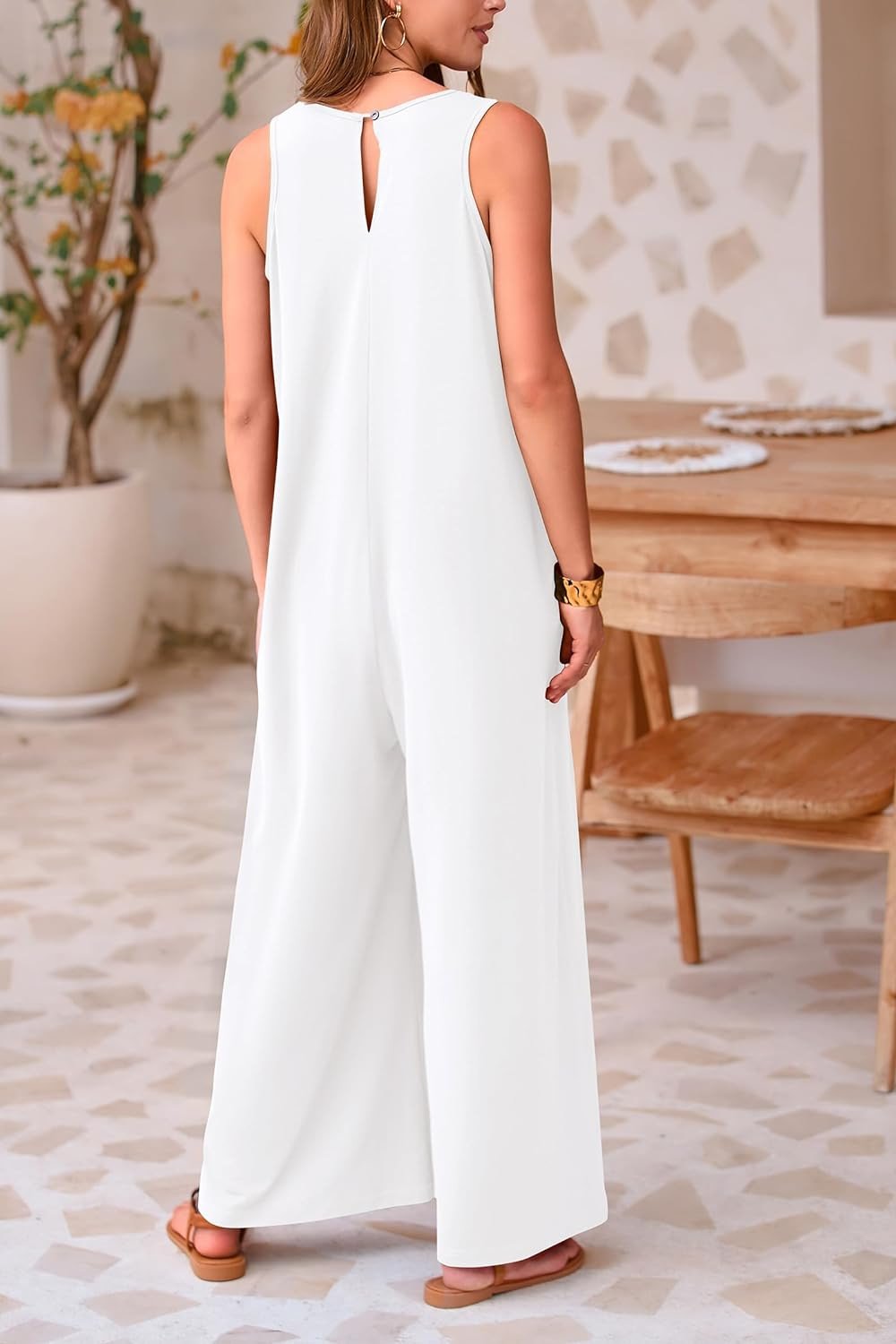 Damen Casual Sommer Overall Jumpsuits Ärmellos Tank V-Ausschnitt Weites Bein Lose Einteiliger Strampler