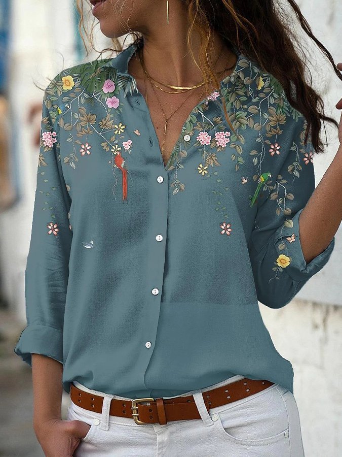 Chemise imprimée à manches longues et revers amples pour femme