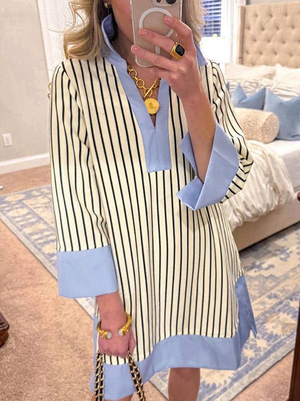 Robe chemise rayée à col en V pour femme 