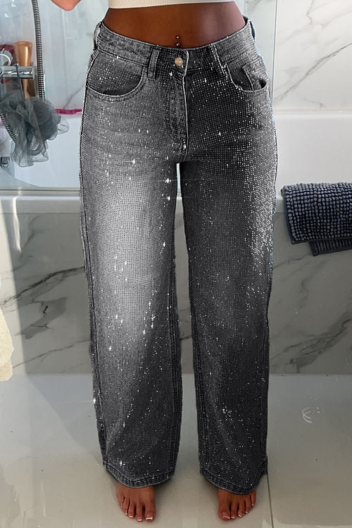 Pantalon décontracté en denim avec strass pour femme 