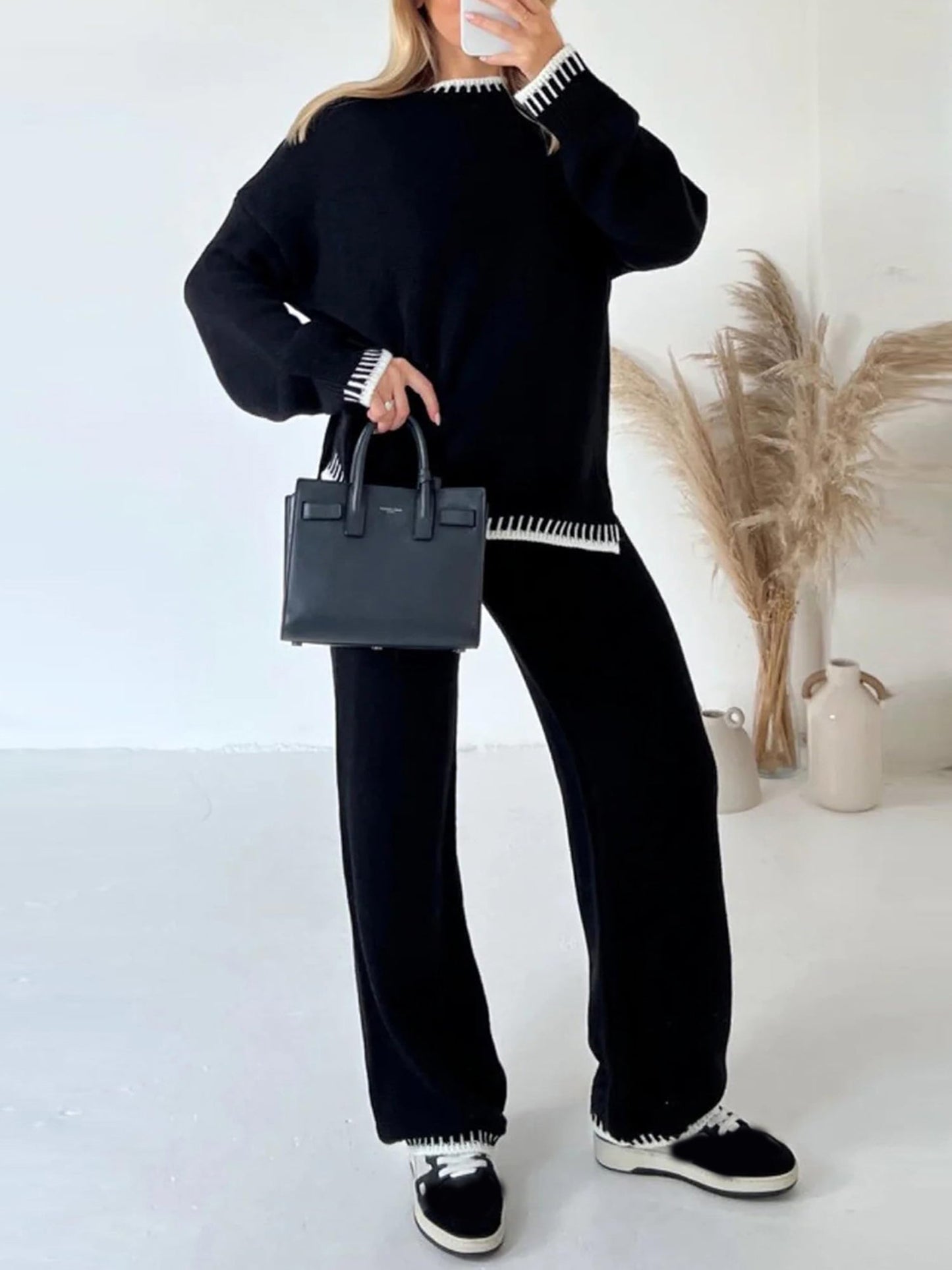 Damen-Hosenanzug, Langarmpullover in Kontrastfarbe mit Strickhose
