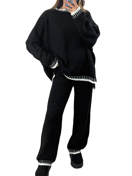 Damen-Hosenanzug, Langarmpullover in Kontrastfarbe mit Strickhose