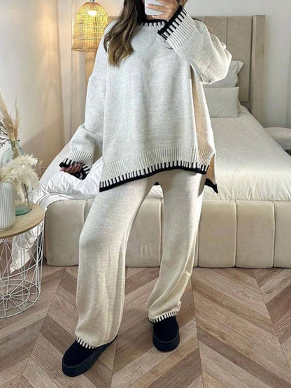 Damen-Hosenanzug, Langarmpullover in Kontrastfarbe mit Strickhose