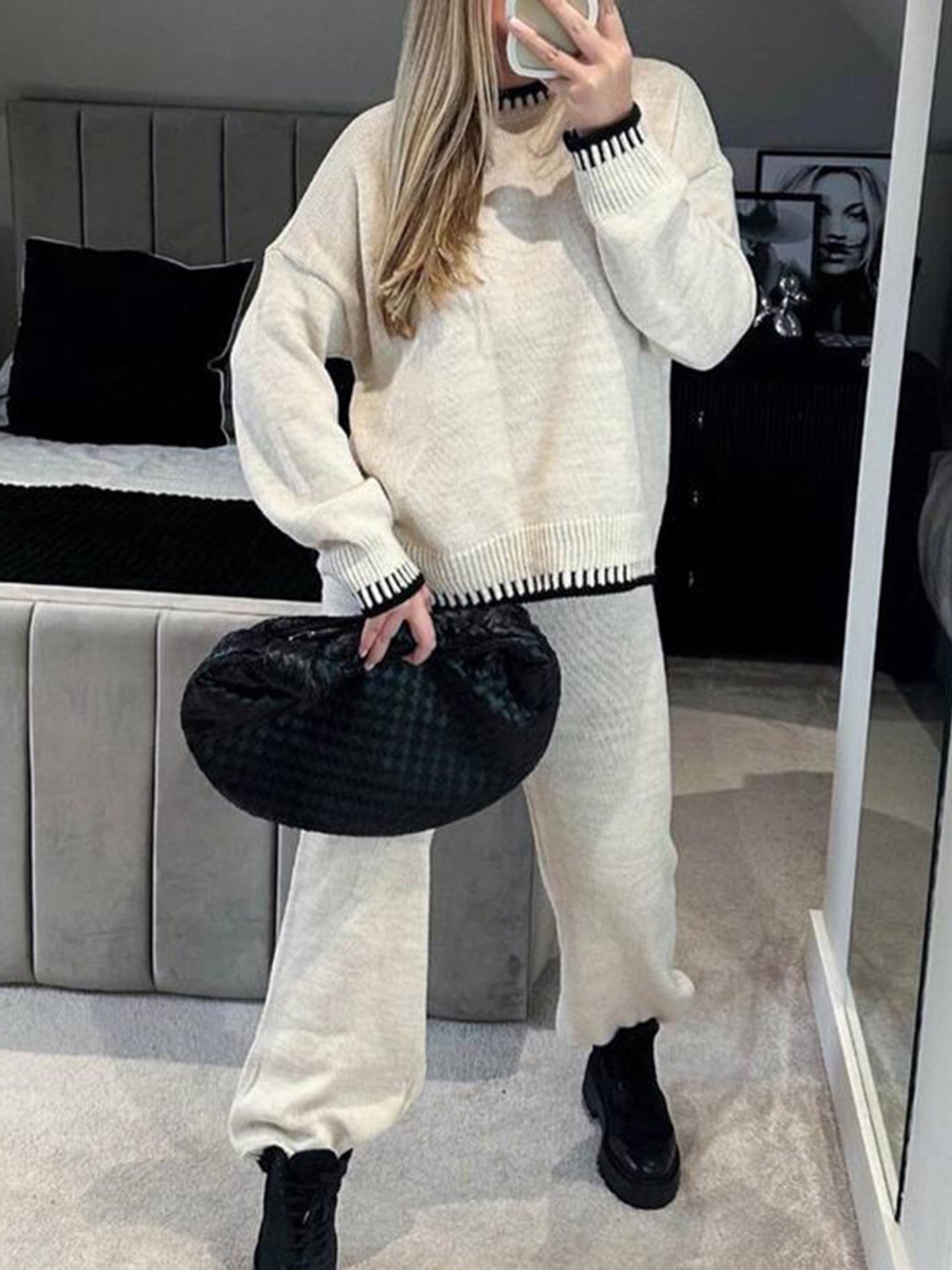 Damen-Hosenanzug, Langarmpullover in Kontrastfarbe mit Strickhose