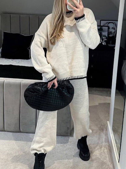 Damen-Hosenanzug, Langarmpullover in Kontrastfarbe mit Strickhose