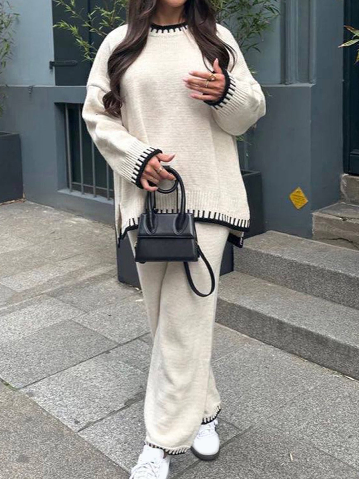 Damen-Hosenanzug, Langarmpullover in Kontrastfarbe mit Strickhose