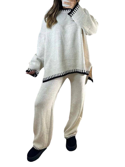 Damen-Hosenanzug, Langarmpullover in Kontrastfarbe mit Strickhose