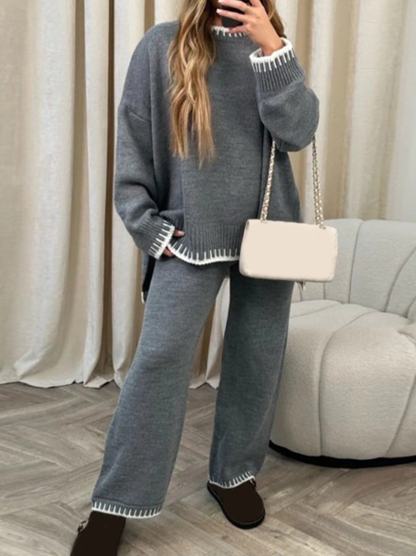 Damen-Hosenanzug, Langarmpullover in Kontrastfarbe mit Strickhose