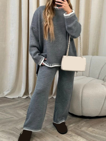 Damen-Hosenanzug, Langarmpullover in Kontrastfarbe mit Strickhose