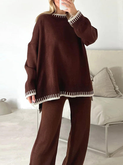 Damen-Hosenanzug, Langarmpullover in Kontrastfarbe mit Strickhose