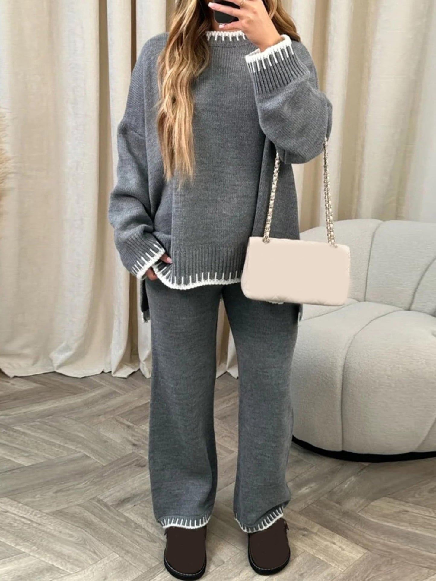 Damen-Hosenanzug, Langarmpullover in Kontrastfarbe mit Strickhose