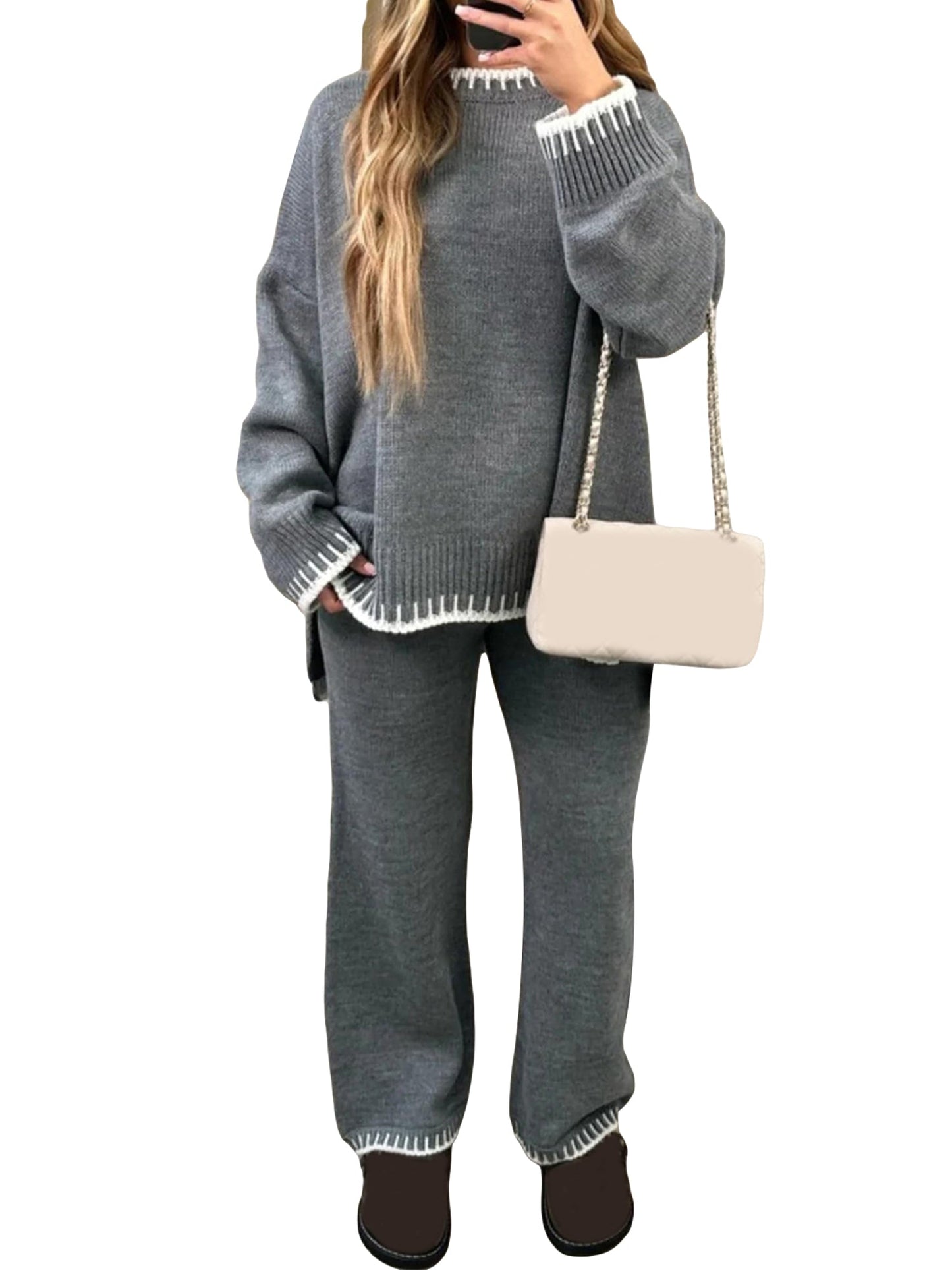 Damen-Hosenanzug, Langarmpullover in Kontrastfarbe mit Strickhose