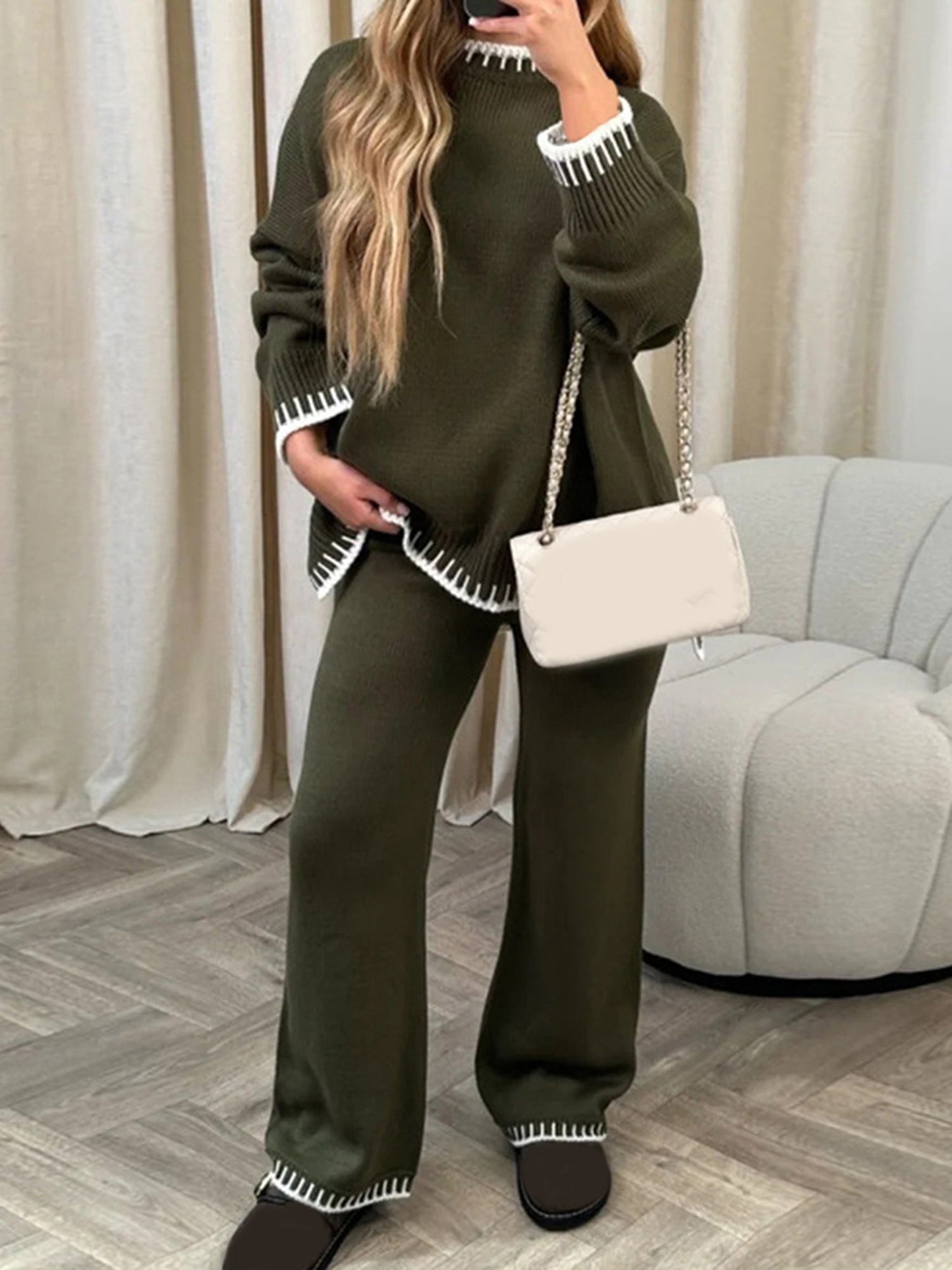 Damen-Hosenanzug, Langarmpullover in Kontrastfarbe mit Strickhose