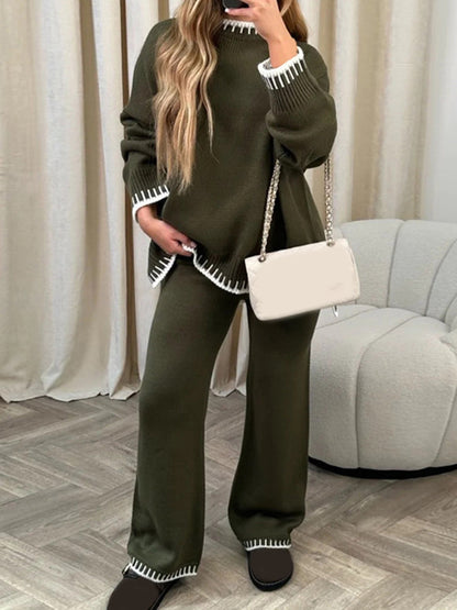 Damen-Hosenanzug, Langarmpullover in Kontrastfarbe mit Strickhose