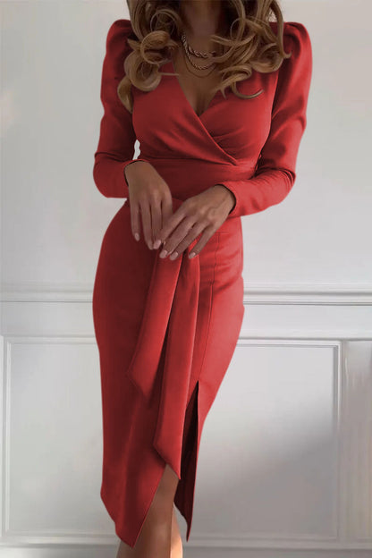Robe moulante à col en V de couleur unie pour femme 