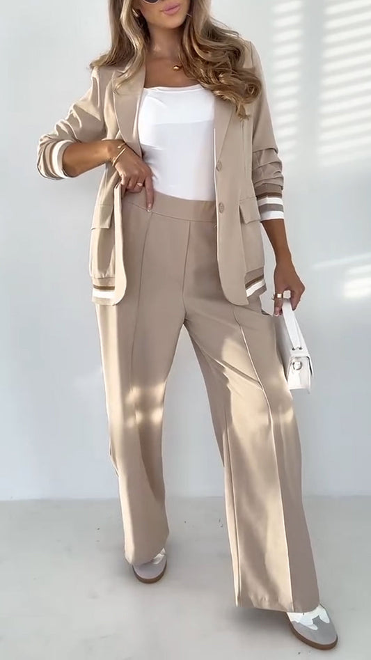 Costume décontracté à rayures et revers pour femme, couleur unie