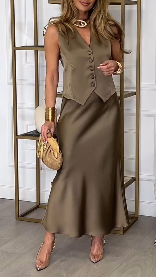 Costume décontracté en satin boutonné à col en V pour femme