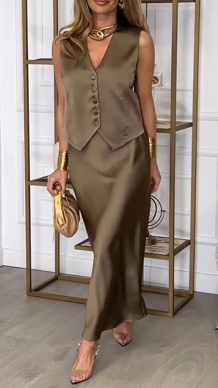 Costume décontracté en satin boutonné à col en V pour femme