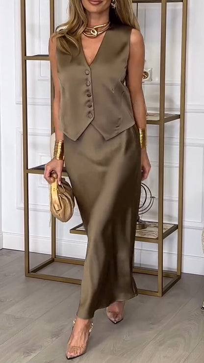 Costume décontracté en satin boutonné à col en V pour femme