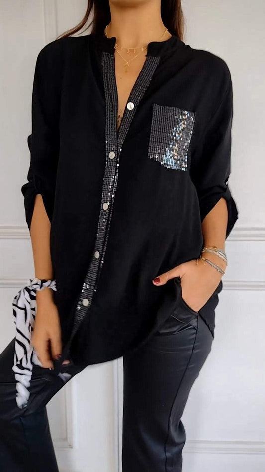 Haut décontracté en coton à manches mi-longues et col en V et sequins (2 pièces achetées, livraison gratuite)