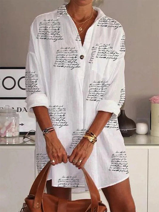 Lässiges Hemdkleid aus Baumwollleinen mit Alphabet-Print für Damen