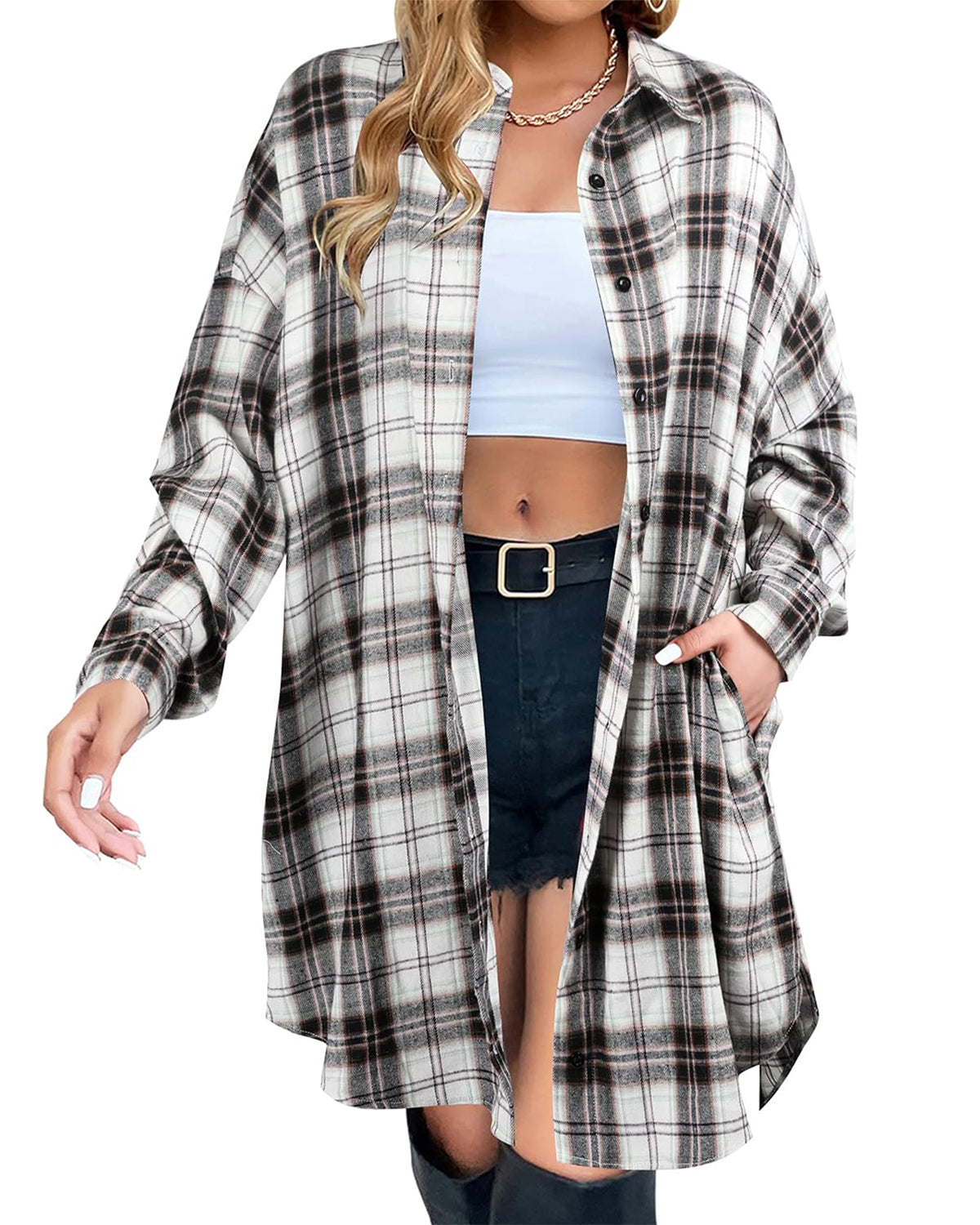Damen Button-Down-Flanellhemden mit Karomuster (2 Stück kaufen, kostenloser Versand)