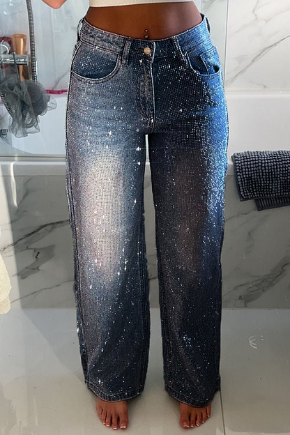 Pantalon décontracté en denim avec strass pour femme 