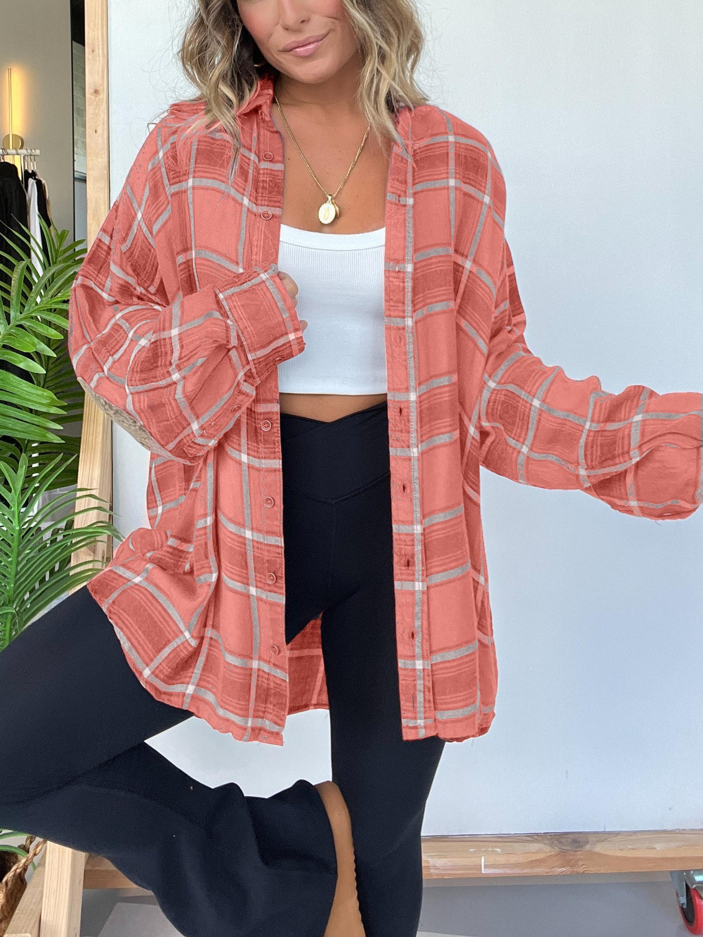 Chemise boutonnée à carreaux pour femme avec détails aux coudes (2 pièces achetées, livraison gratuite)