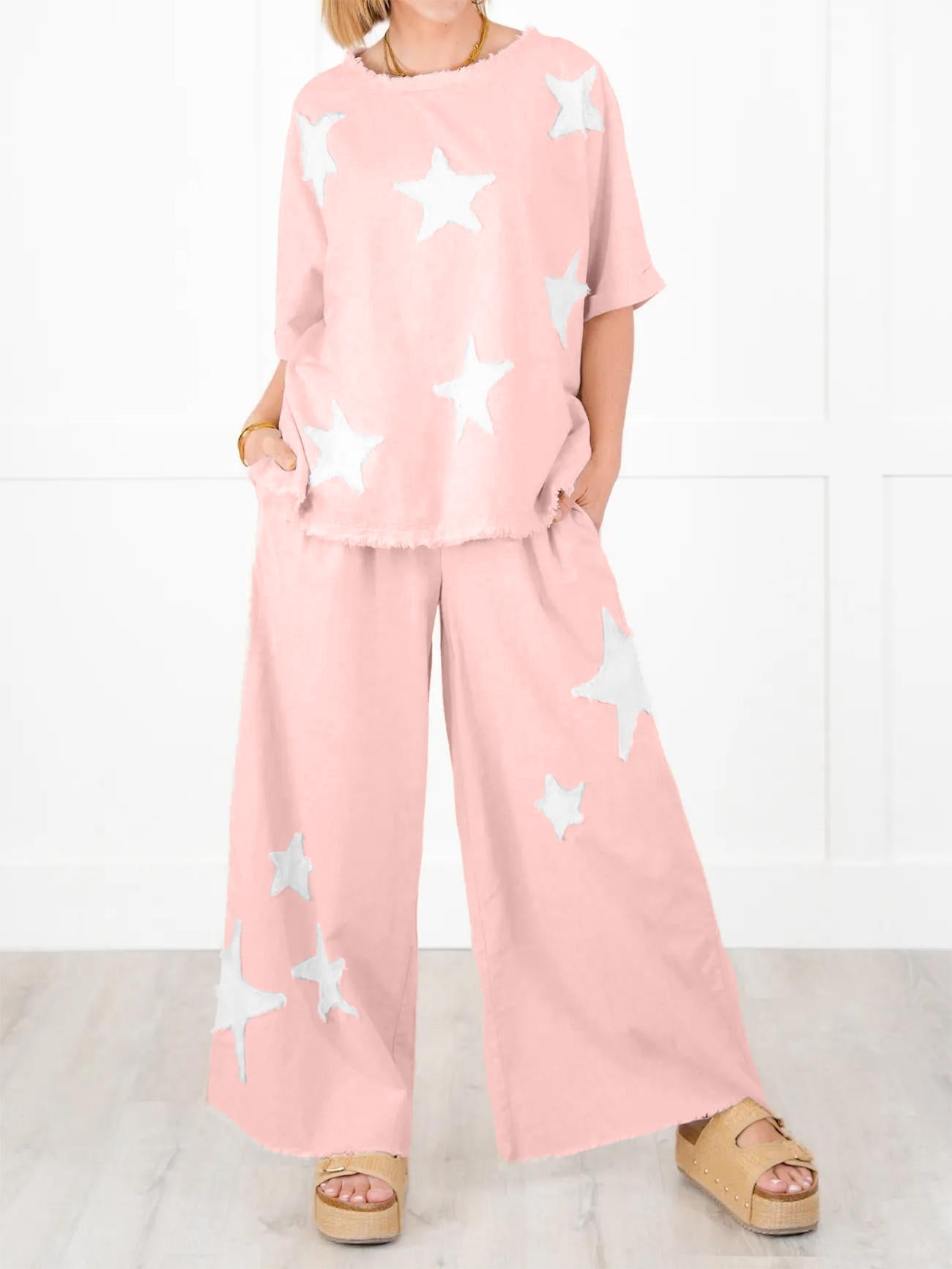 Lässiges zweiteiliges Set mit Stern-Patch für Damen (2 Stück kaufen, kostenloser Versand)
