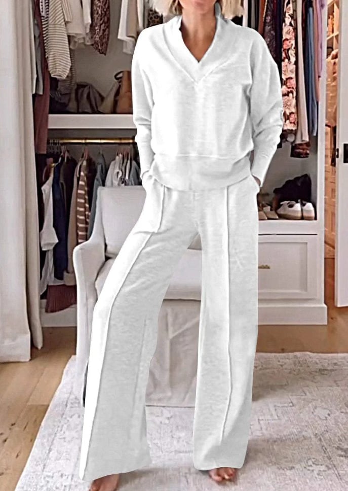 Ensemble deux pièces haut et pantalon à col en V pour femme (2 pièces achetées, livraison gratuite)