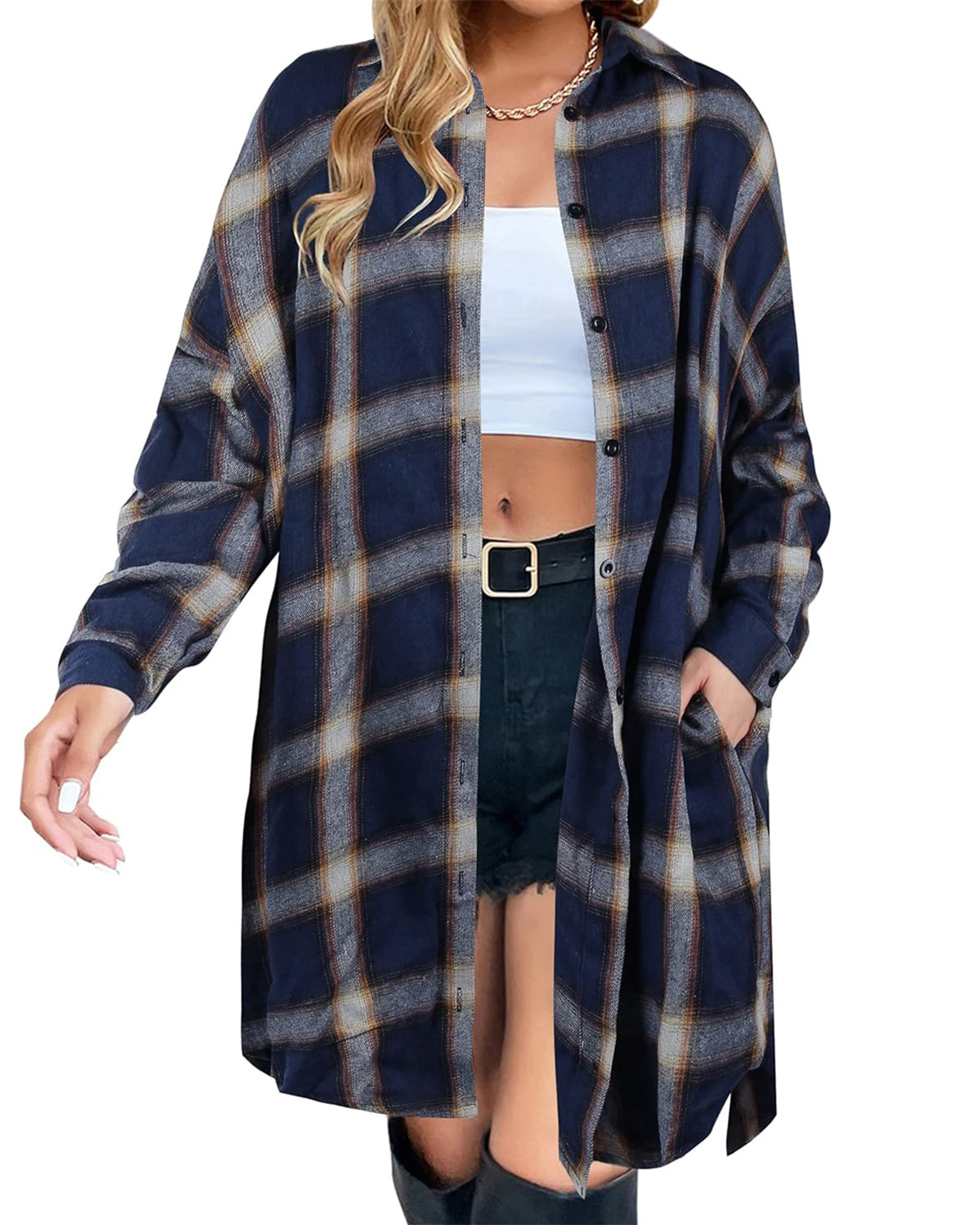Damen Button-Down-Flanellhemden mit Karomuster (2 Stück kaufen, kostenloser Versand)