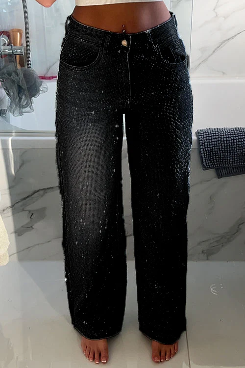Pantalon décontracté en denim avec strass pour femme 
