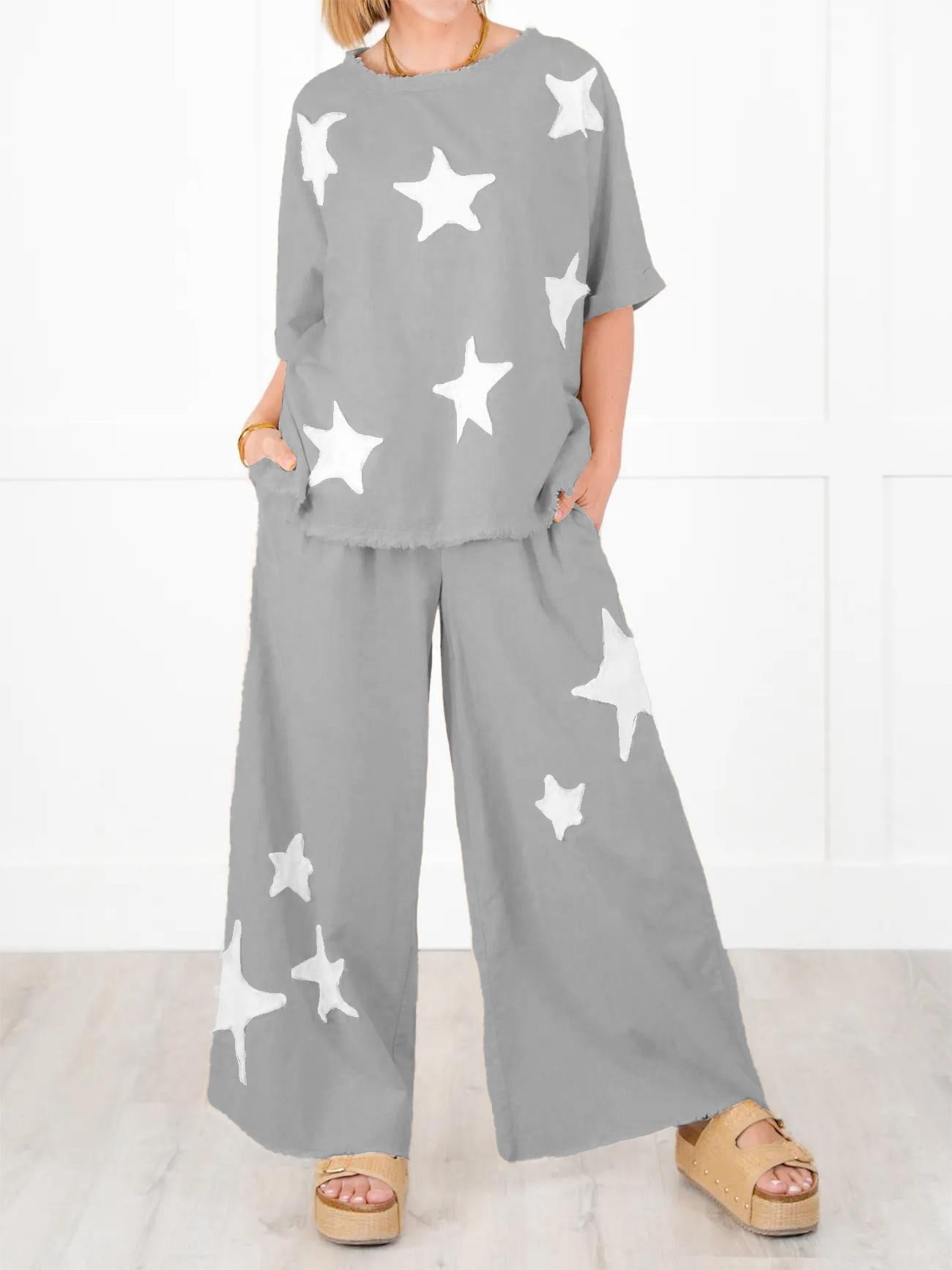 Lässiges zweiteiliges Set mit Stern-Patch für Damen (2 Stück kaufen, kostenloser Versand)