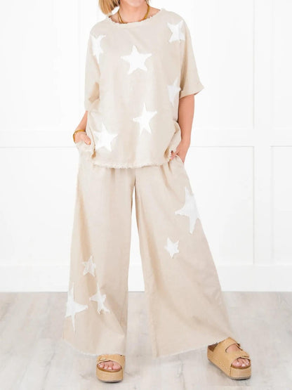 Lässiges zweiteiliges Set mit Stern-Patch für Damen (2 Stück kaufen, kostenloser Versand)