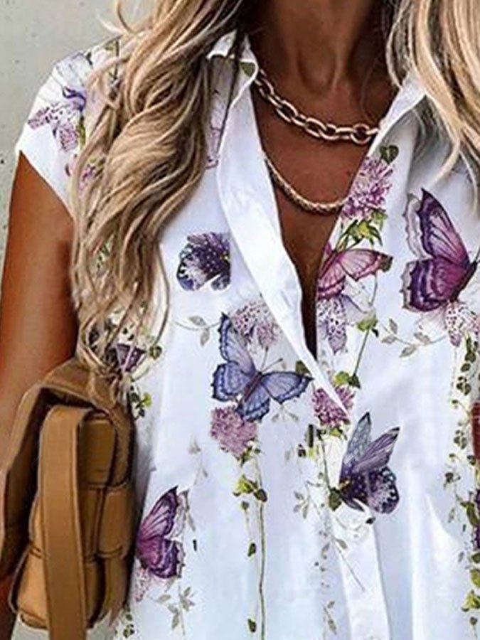 Chemise à revers à manches courtes et imprimé floral papillon