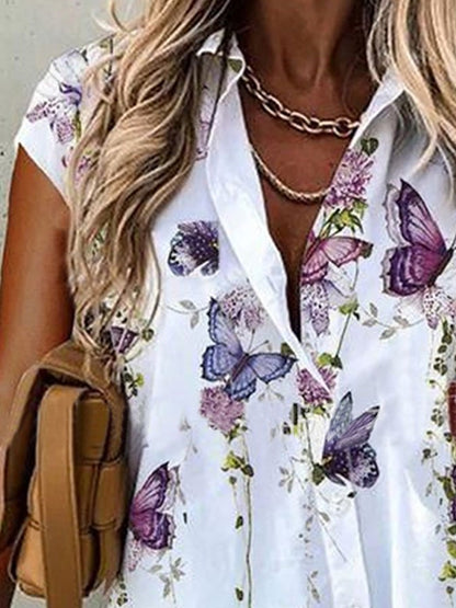 Chemise à revers à manches courtes et imprimé floral papillon