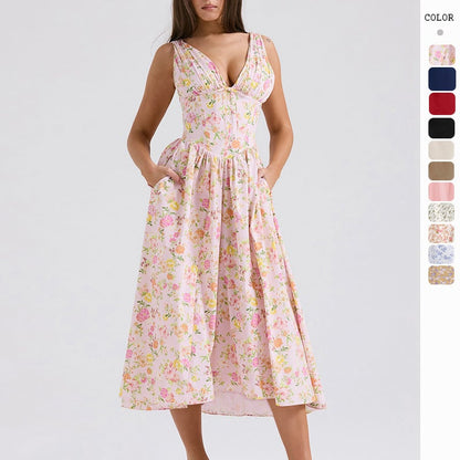 Stilvolles Swing-Kleid mit Blumenmuster und V-Ausschnitt🌺Kaufen Sie 2, kostenloser Versand