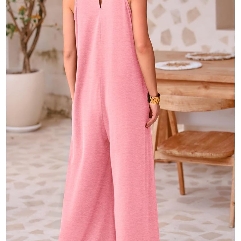 Damen Casual Sommer Overall Jumpsuits Ärmellos Tank V-Ausschnitt Weites Bein Lose Einteiliger Strampler