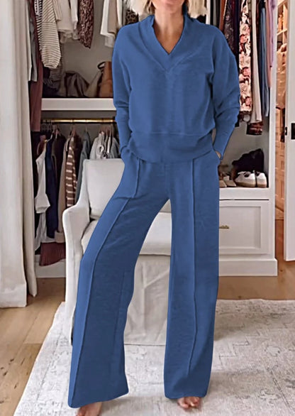 Ensemble deux pièces haut et pantalon à col en V pour femme (2 pièces achetées, livraison gratuite)